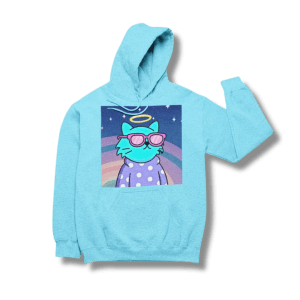 Powder blue hoodie with a playful graphic of a turquoise cat wearing pink sunglasses and a halo, set against a starry space background, presented on a black backdrop.