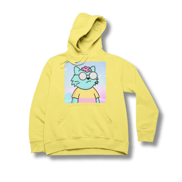 Vibrant yellow hoodie featuring a turquoise cat character with a pink bow and halo, against a colorful backdrop, on a black background.