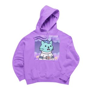 Lavender hoodie with a graphic of a blue cat character wearing a white spacesuit against a pink and purple space-themed backdrop, showcased on a mint green background