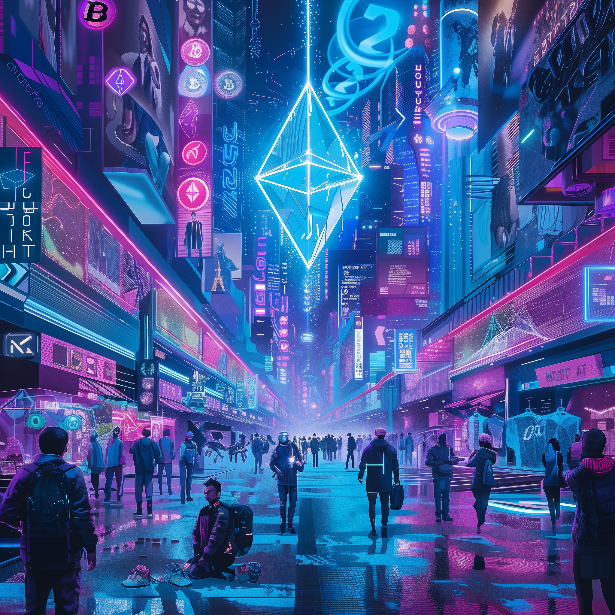 An illustration of a vibrant, futuristic cityscape with pedestrians in stylish clothing, interacting in a high-tech urban environment aglow with neon lights and cryptocurrency symbols, epitomizing the seamless integration of fashion and digital currency.