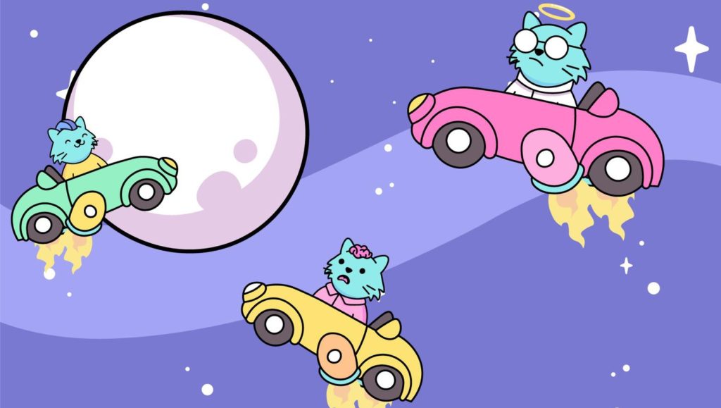 Adorable $DOCAT characters in colorful cars zooming towards the moon, symbolizing skyrocketing growth in cryptocurrency.