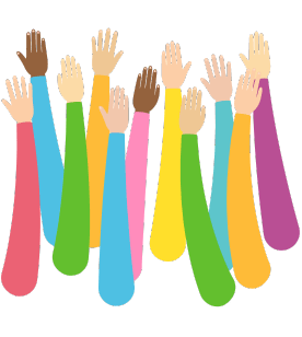 Diverse hands raised in unity at a community gathering, representing inclusivity in the cryptocurrency space.