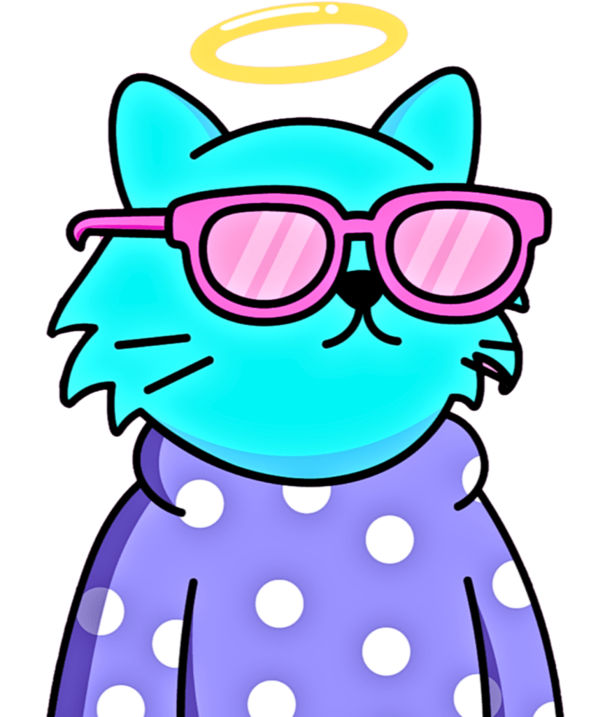 Cool DOCAT sporting sunglasses, lounging atop a pile of digital coins, representing the trendy and lucrative nature of Base Memecoins.