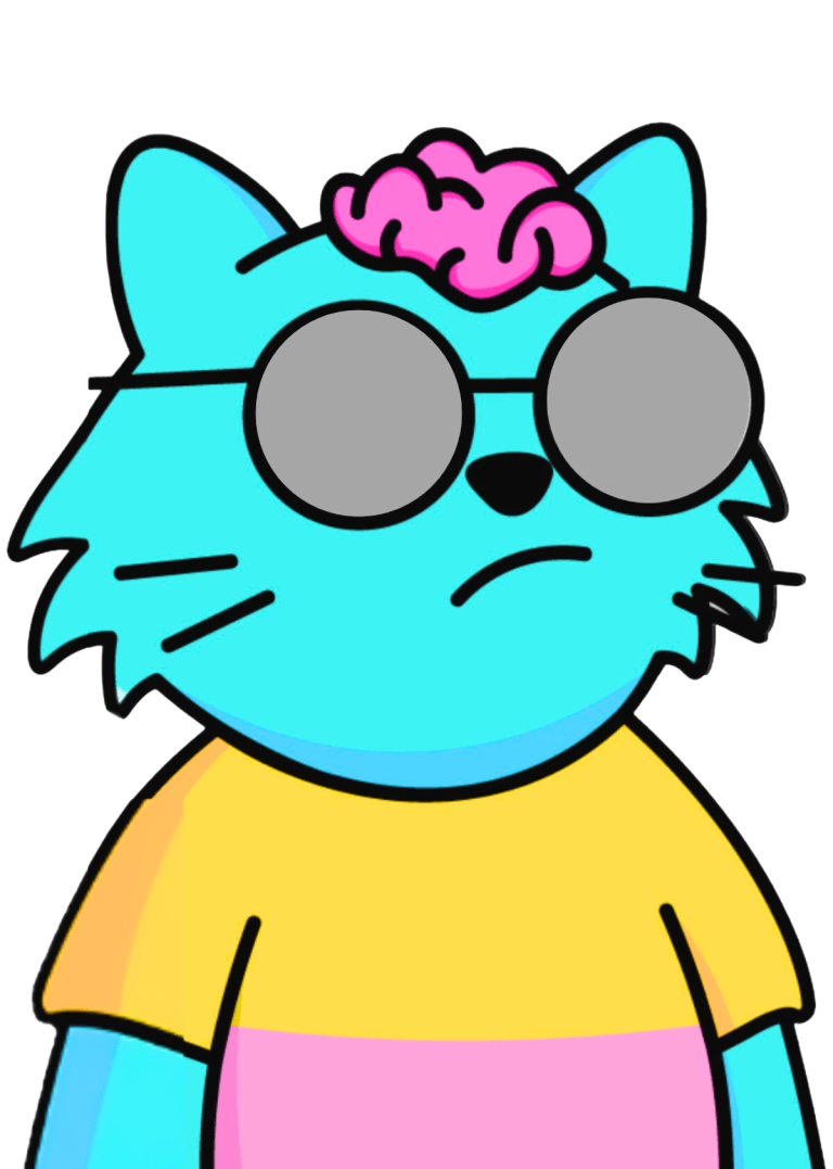 Nerdy DOCAT NFT character wearing glasses and surrounded by digital blockchain elements, illustrating its integration with the Base Blockchain technology.